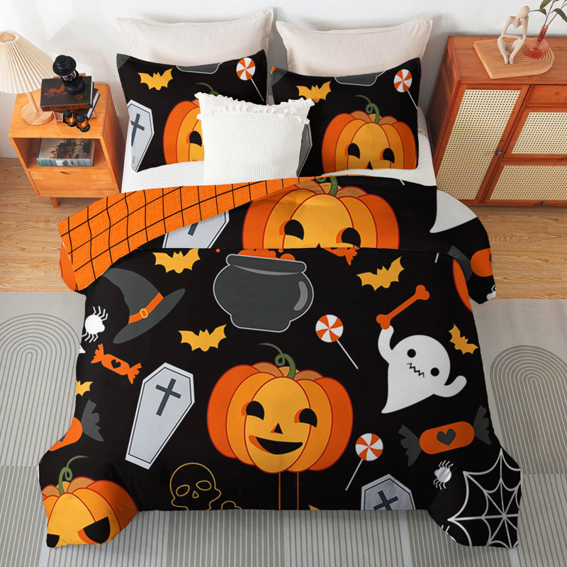 Literie trois pièces en microfibre douce, motif citrouille d'Halloween, avec taies d'oreiller, fermeture éclair invisible, noir et orange.