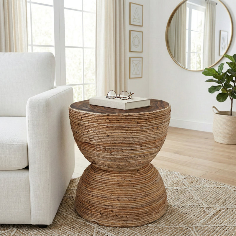 Handcrafted Woven Natural Fiber Base Accent Side Table  for Living Room Setup - Elegant Narrow End Table for Bedside or Room Styling - 18", Brown