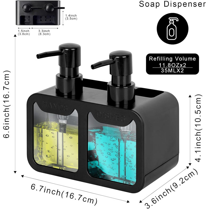 Distributeur de savon à vaisselle et de savon à main pour évier de cuisine, ensemble de distributeur de savon avec support à éponge et porte-brosse, organisateur pour comptoir d'évier de cuisine, noir