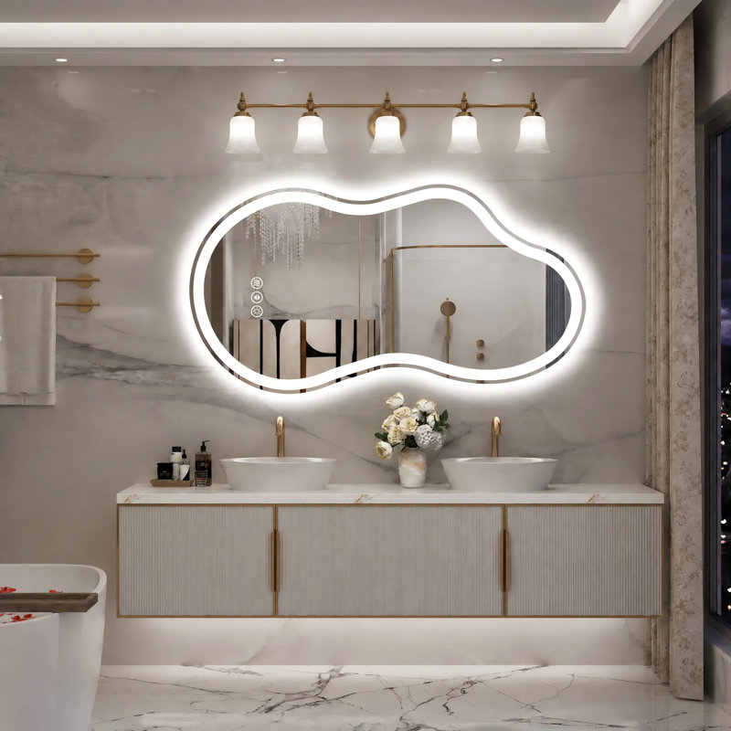 Lunara UL Certified Asymmetrical Frontlit&Backlit LED Bathroom Vanity Mirror, Irregular Wall Mirror with 4mm Tempered Glass, Dimmable