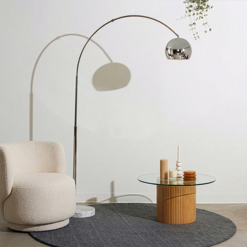 Olivia 75" Modern Industrial LED Arc Floor Lamp with Silver Chrome Finish, White Marble Base, and Metal Bowl Shade, Bulb Included