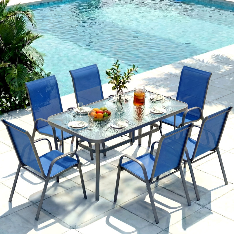 All Weather Patio Dining Set For 6, Outdoor Table And Chairs With 1.69″ Umbrella Hole,  30"X 55" Table And Stackable Chair, For Lawn, Deck (Umbrella Not Included)  (Gray Table and Navy Blue chairs)