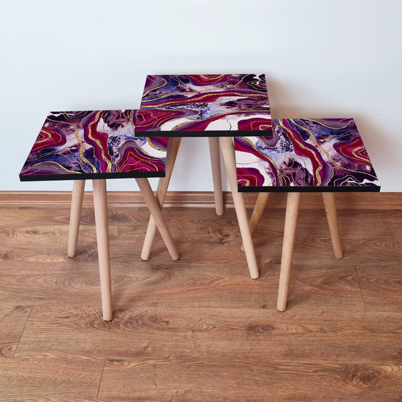 Ensemble de 3 tables gigognes élégantes en marbre abstrait, 1,4 x 1,4 x 1,4 pi | 100% panneau de fibres à densité moyenne avec pieds en bois de hêtre | Grande table: 13,8 x 20,5 x 13,8 po, moyenne: 13,8 x 18,5 x 13,8 po, petite: 13,8 x 16,5 x 13,8 po | Parfait pour le salon et la décoration moderne