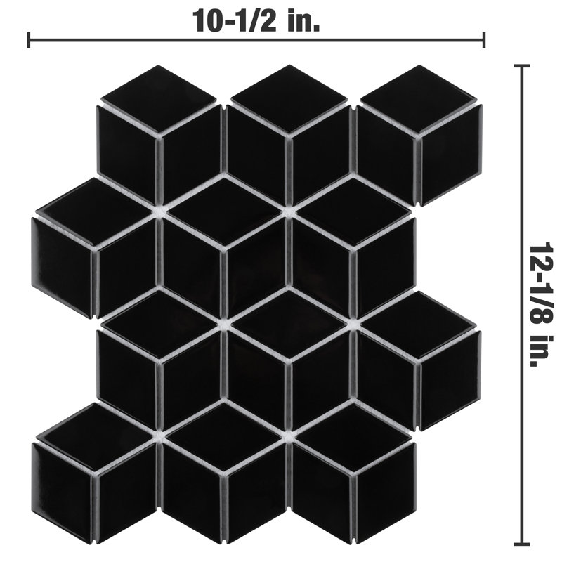 Metro Rhombus 10-1/2 " x 12-1/8 " Porcelain Mosaic Floor & Wall Tile, Glossy Black