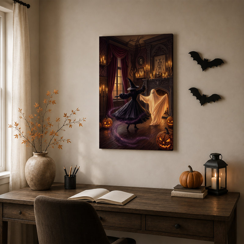 «Witch and Ghost Dancing with Pumpkins In Halloween», art mural sur toile, H 30 po x l 20 po