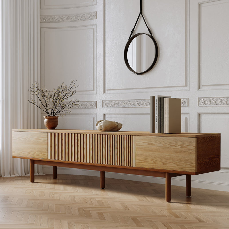Meuble télé 86,6 po en bois massif avec tablettes de rangement, console média, finition naturelle pour le salon