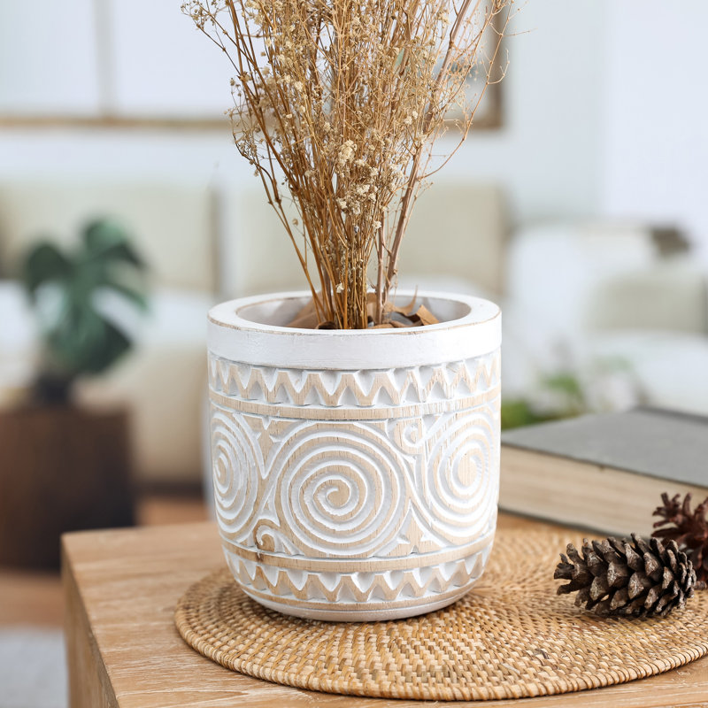 Hand-Carved White and Beige Wood Decorative Table Vase