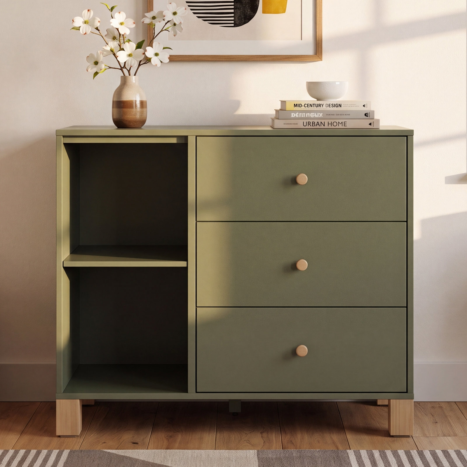 California 3-Drawer Combo Dresser, Olive