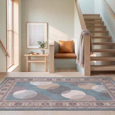 Hawthorn Modern Circles Geometric Teal Beige Grey Brown White Machine Washable Non-Slip Low Pile Indoor Outdoor Pet Friendly Living Room Bedroom Dining Room Entryway Hallway Office Area Rug