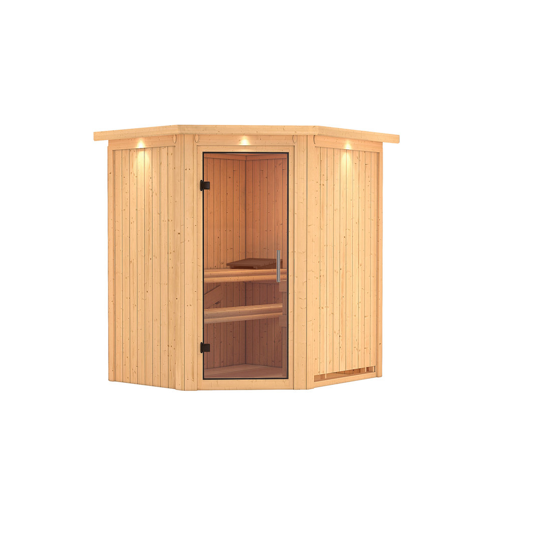 Sauna "Taurin" mit Glastür und Kranz naturbelassen