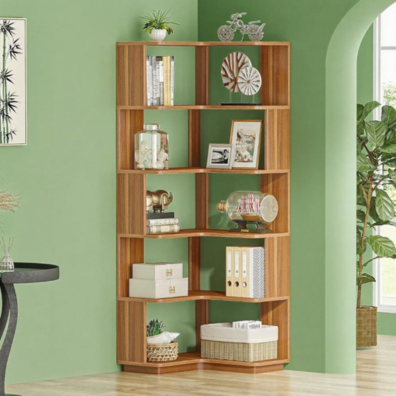 Bibliothèque de coin en bois à 5 niveaux avec tablette en L, Naturel