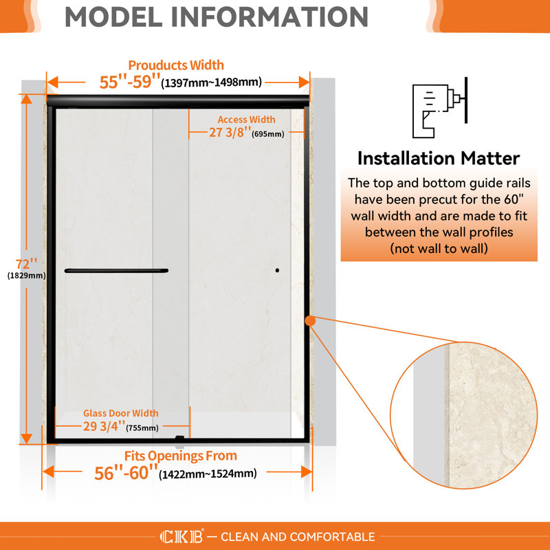 56" to 60" W x 72" H Semi-Frameless Double Sliding Shower Door with Easy-to-Clean Coating, Adjustable Width Bypass Bath Enclosure featuring 1/4" Tempered Glass,Matte Black
