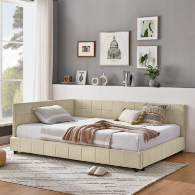 Structure de lit double rembourré capitonné, structure de canapé-lit avec dossier et accoudoirs confortables, lit double pour chambre à coucher, salon, velours, NOUVEAU BEIGE (80,5 po x 59 po x 30,5 po)