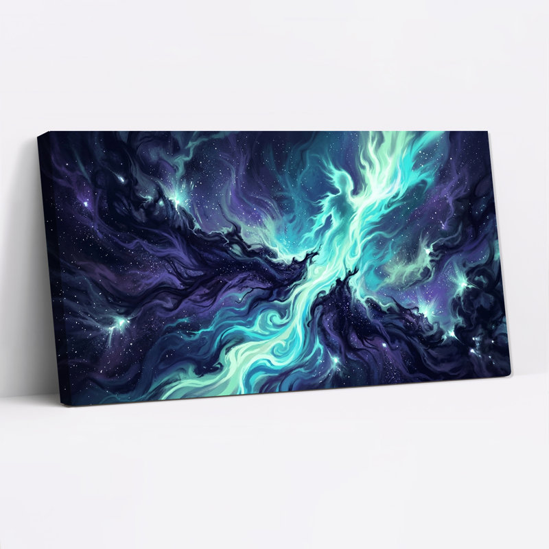 Nébuleuse cosmique tourbillonnante sur toile turquoise et violette, L 20 po x H 10 po