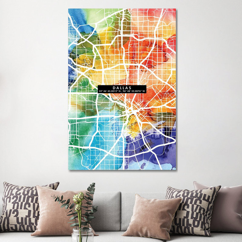 Dallas City Map Colourful 1 Piece Wrapped Canvas Wall Art, 152.5 cm H x 101.5 cm W