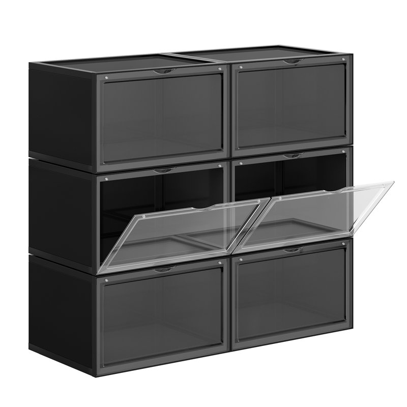 6 Pair Stackable Shoe Storage Box, Black