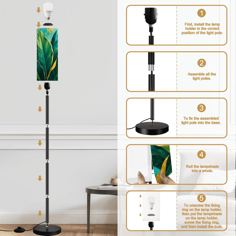 Lampe sur pied luxueuse art feuilles tropicales lignes bleues et vertes à intensité variable moderne avec télécommande et pédale abat-jour abat-jour haut lampadaire pour salon chambre bureau
