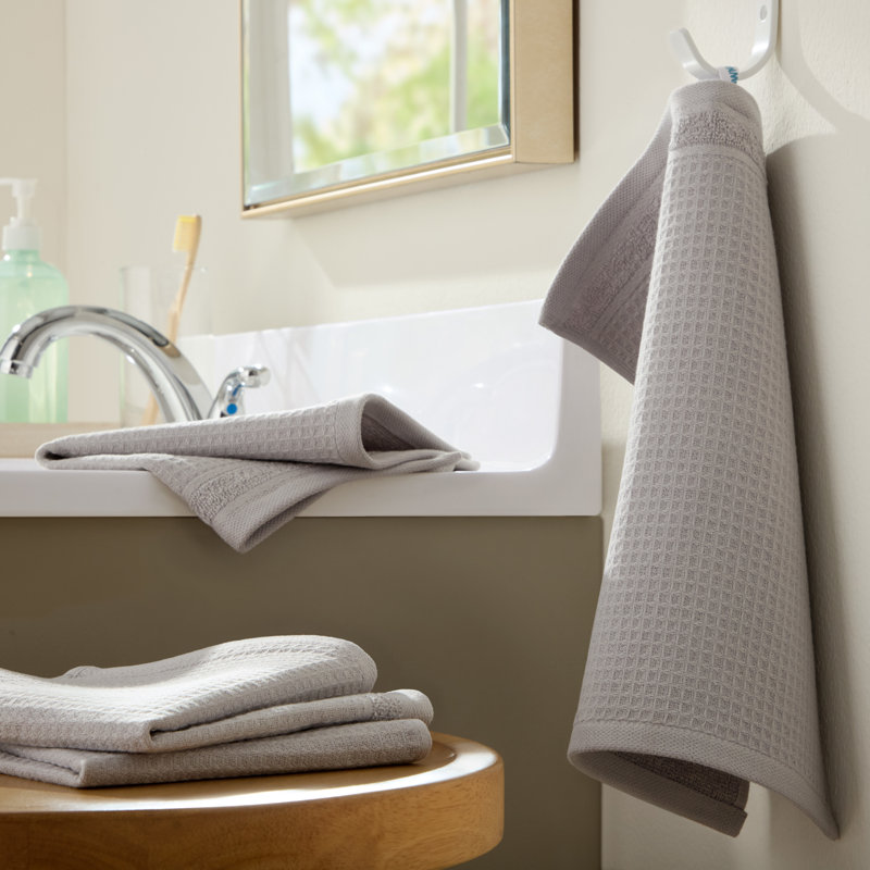 TOWN & COUNTRY BASICS 4-Piece Waffle Woven Terry Stripe Washcloth Set, 13x13-Inch, 100% Cotton, Quick Dry, Light Gray