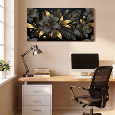 Ensemble de 1 tableau sur toile à motif floral noir et or
