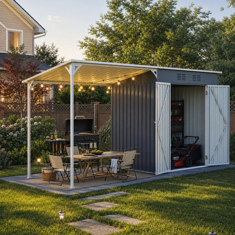 Abri de jardin en métal avec gazebo à toit rigide, gris