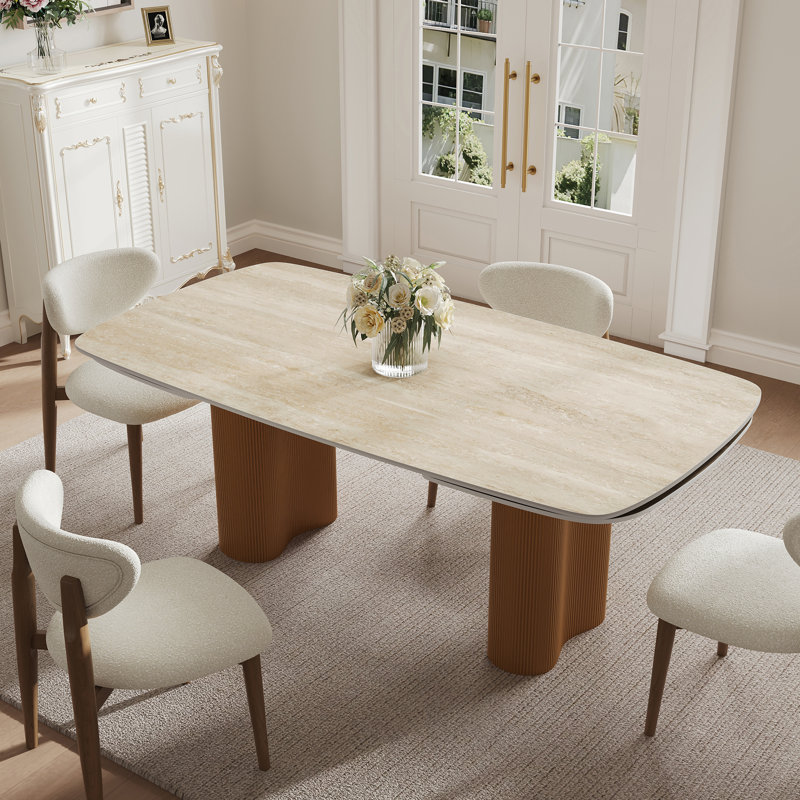 Table de salle à manger extensible 63-94,5 "moderne pour table de chevet en pierre frittée 4-10 avec base double en bois brun