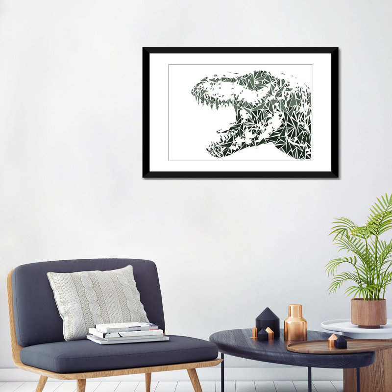 « tyrannosaure rex », impression sur toile tendue, H 16 po x l 24 po x P 1 po, Papier d'art encadré noir, Blanc