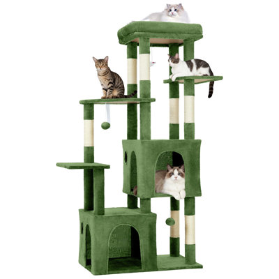 61" Multi-Level Cat Tree for Indoor Cats, Heavy-Duty Tower for Large Adult & Maine Coon Cats with Oversized Perch, Dual Condos, Natural Sisal Scratching Posts & Play Toys – Green