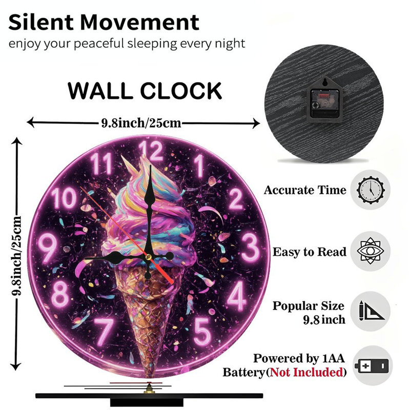 Horloge crème glacée, chiffres effet néon