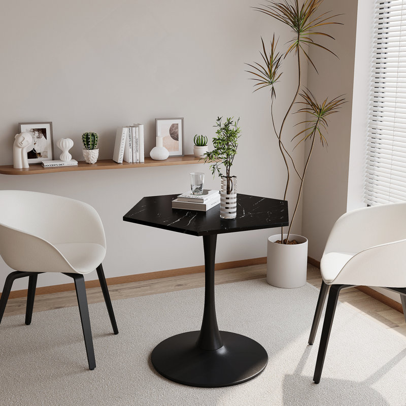 Table basse hexagonale moderne 31,50 "avec plateau en marbre imprimé, base en métal, Noir