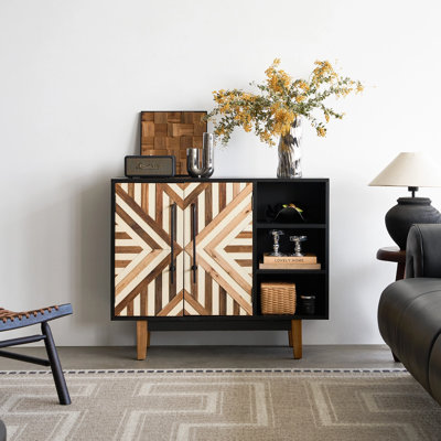 Geometric Reclaimed Wood Accent Cabinet - Mid-Century Modern Sideboard with 2 Doors & Open Storage Shelves for Dining/Living Room