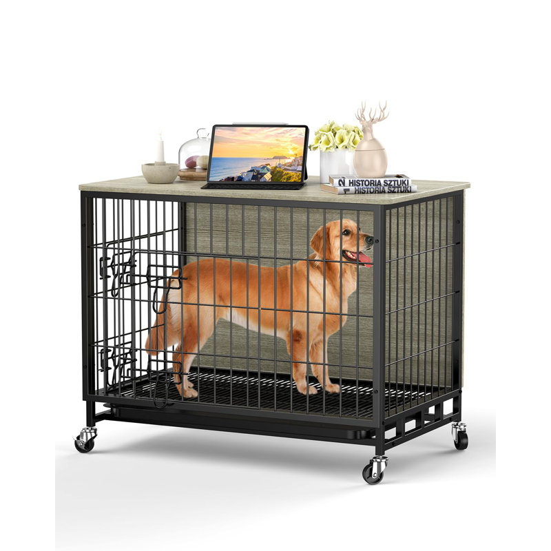 Mobilier de cage pour chien, cage pour chien 27,2 po en bois avec plateau coulissant, portes doubles, table de bout moderne pour petits / moyens chiens