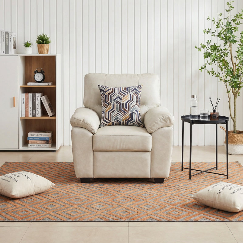 36.8" Leathaire Accent Chair With Complimentary Geometric Pillow, Beige Faux Leather
