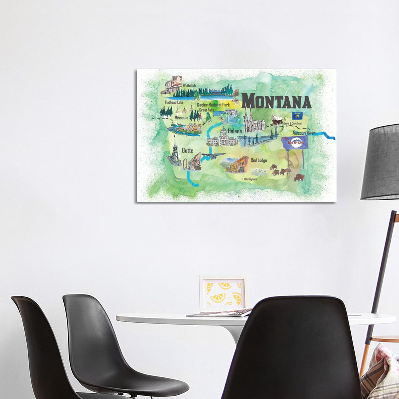 USA, Montana Illustrated Travel Poster 1 Piece Wrapped Canvas Wall Art, 101.6 cm H x 66.04 cm W x 1.91 cm D