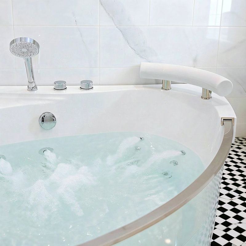 59" Corner Whirlpool Bathtub Hydrotherapy Tub with 16 Jets, Rainbow LED Light