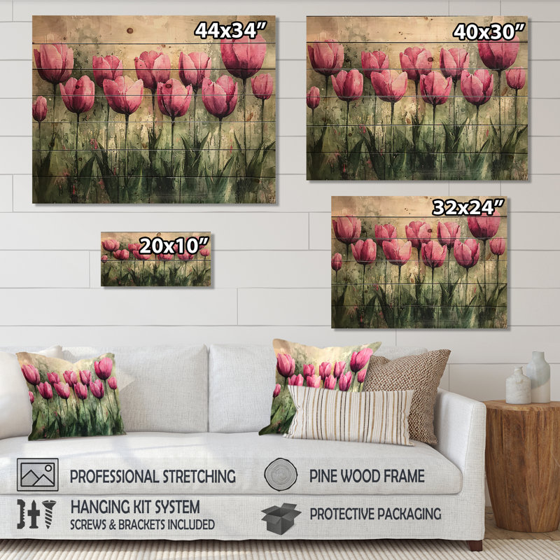 Summer Pink Hues Tulips Field Horizon - Tulips Wood Print - On Natural Pine Wood, 10" H x 20" W x 0.78" D