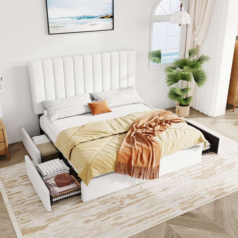 Lit plateforme tapissier en velours avec tête de lit réglable et 4 tiroirs, Double , Blanc