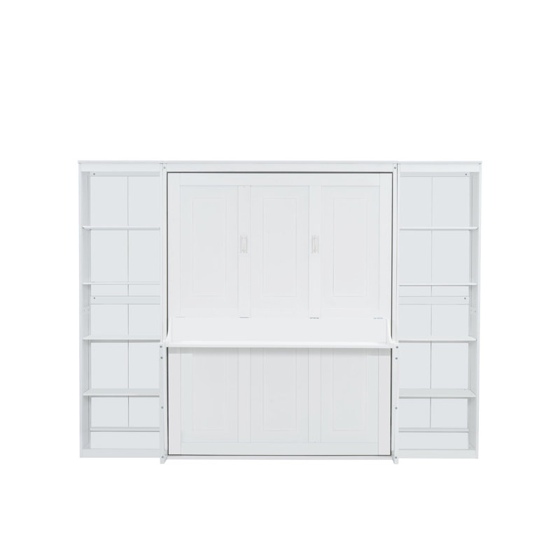 Lit escamotable compact avec bureau, tablettes ouvertes et rangement latéral - Lit mural pliable