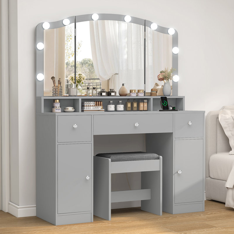 Coiffeuse de maquillage avec miroir et lumières, Blanc