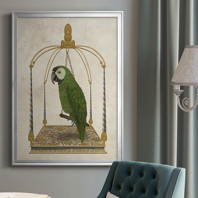 Perroquet vert sur balançoire, impression sur papier, Argent, H 36,5 po x l 26,5 po x P 1 po