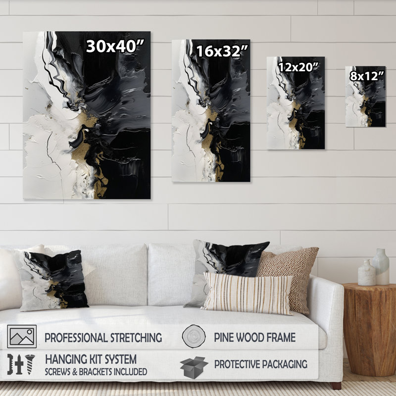 «Black Textured Splash Paint Art I», reproduction d'art sur toile, Cadre photo noir, H 40 po x l 30 po