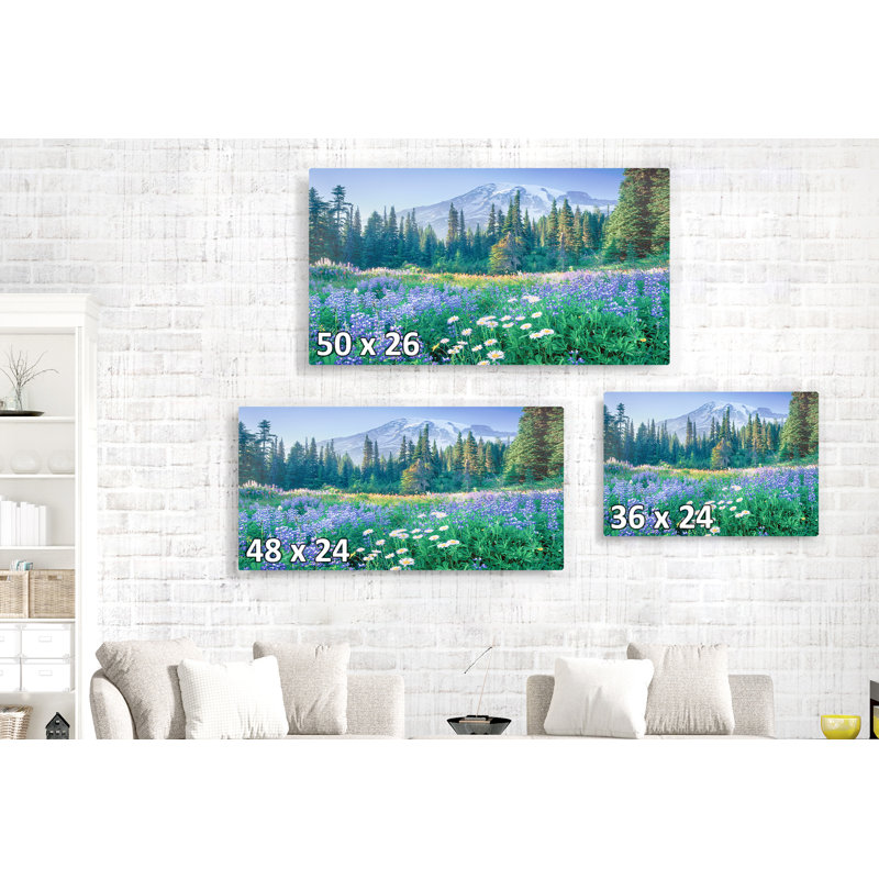 Mont Rainier, fleurs sauvages bleues, pins, lavande, H 24 po x l 48 po x P 1,5 po