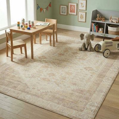 Melody Machine Washable Traditional Oriental Beige Waterproof Area Rug