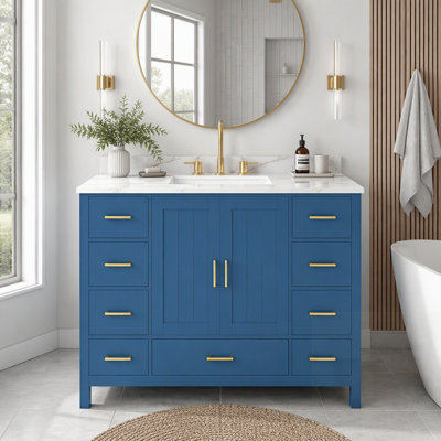 Meuble-lavabo moderne en bois massif avec plateau en pierre frittée blanc de Carrare, 43 pouces, 9 tiroirs, portes à fermeture en douceur