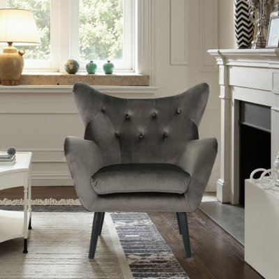 Mid-Century Velvet Armchair – Plush Wingback Design with Button Tufting (300 lb Capacity, Retro Glam)