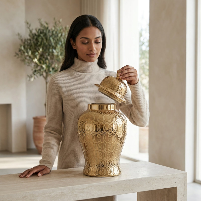 Handmade Ceramic / Porcelain Ginger Jar, Gold, 19" H x 10" W x 10" D