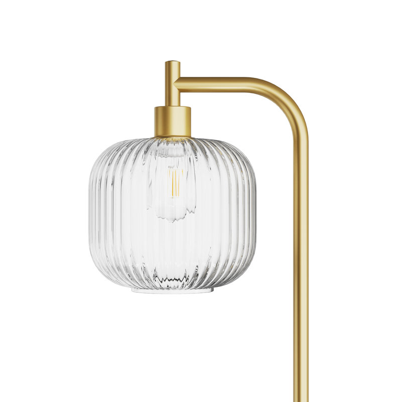 Lampe sur pied arquée avec abat-jour en verre, télécommande et ampoule incluse, Gris