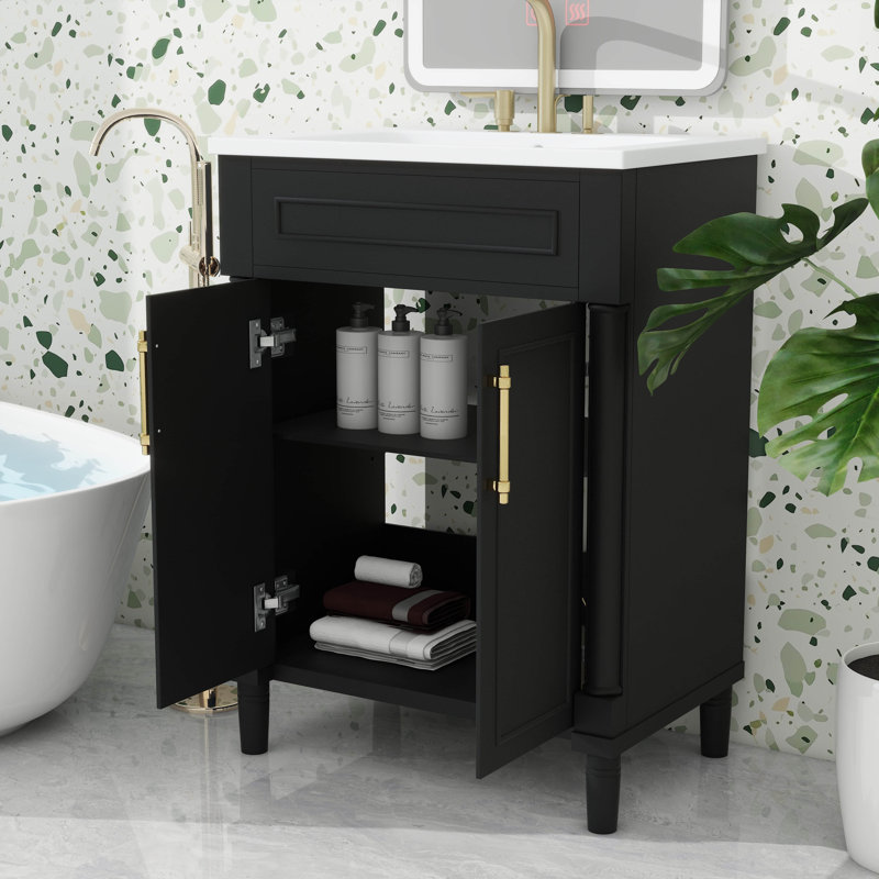 Meuble-lavabo compact 24 po avec lavabo encastré en céramique, Noir