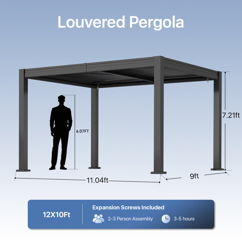 Pergola extérieure à persiennes l 12 pi x P 10 pi avec toit réglable et drainage intégré, pavillon de patio entièrement en acier résistant à la rouille