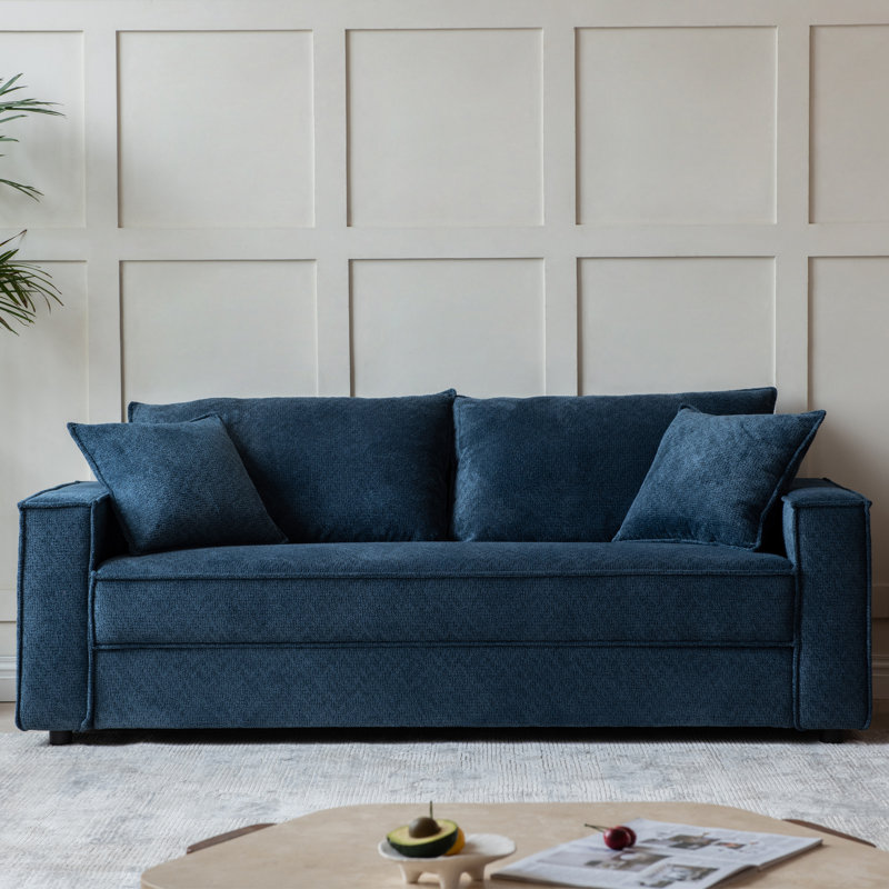 Canapé rembourré 3 places 79,5 po avec accoudoirs carrés et 2 coussins Alcantara, Bleu