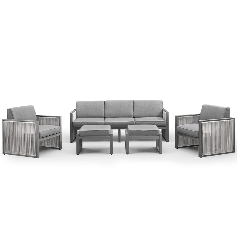 Trinie Outdoor 5-Piece PE Wicker Patio Set With Ottomans And Cushions, Light Gray